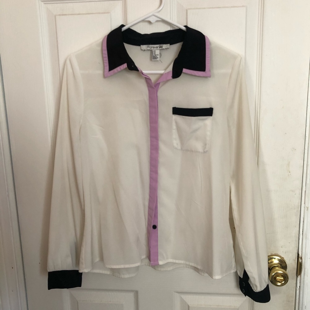 White Blouse with lavender and black collar